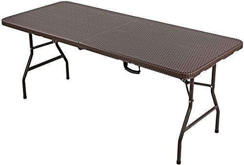 MVPower Mesa Plegable Multiusos, Mesa de Jardín Camping de Imitación de Ratán, Mesa Plegable Rectangular con Estructura de Acero y Asa, Soporta hasta 150 kg, Marrón, Portátil, ca 180.5 x 75.5 x 73cm