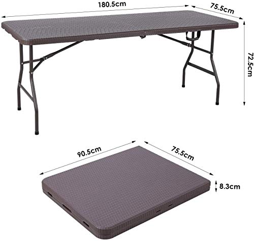 MVPower Mesa Plegable Multiusos, Mesa de Jardín Camping de Imitación de Ratán, Mesa Plegable Rectangular con Estructura de Acero y Asa, Soporta hasta 150 kg, Marrón, Portátil, ca 180.5 x 75.5 x 73cm