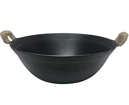 MWPO Wok de Acero al Carbono Martillado a Mano Tradicional Wok de Doble asa Base Redonda Hierro Fundido Wok Hierro Fundido Woks con cáñamo Engrosado, 40 cm