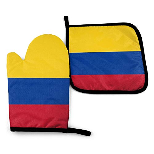 Mxung Conjuntos de Manoplas y Soportes para ollas de poliéster Unisex de Bandera de Colombia, Guantes aislantes Resistentes al Calor para Cocina, Cocina, Hornear, Barbacoa, etc.