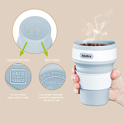 MyBru - Taza de café plegable con tapa, sin BPA y a prueba de fugas, silicona portátil taza de café se pliega al tamaño del bolsillo azul claro