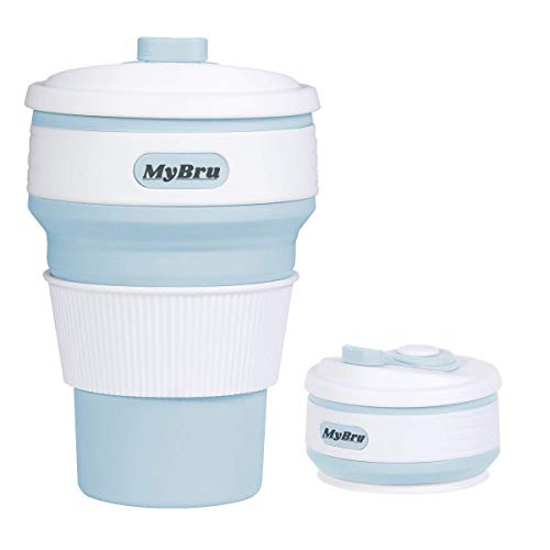 MyBru - Taza de café plegable con tapa, sin BPA y a prueba de fugas, silicona portátil taza de café se pliega al tamaño del bolsillo azul claro