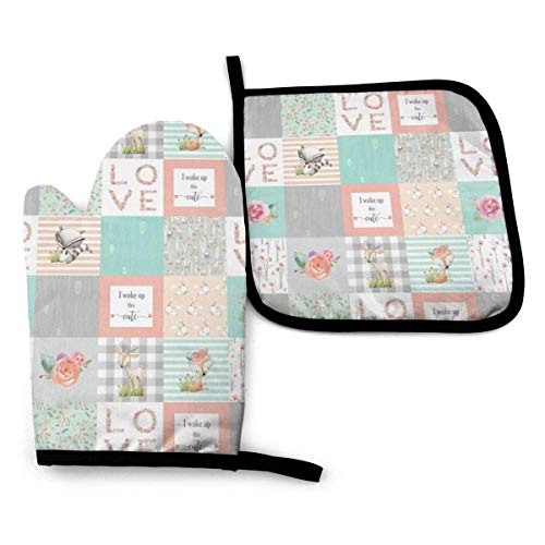 Myrdora Animales del Bosque - Manoplas de Horno de Cocina de Patchwork de Mapache de Zorro Ciervo y agarraderas, Guantes de Horno de Cocina Resistentes al Calor