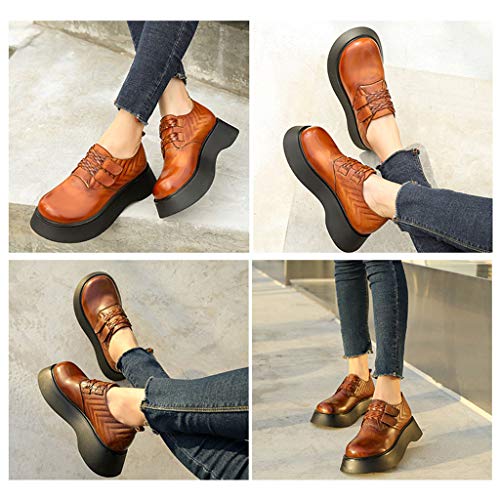 N / A Zapatos Japoneses De Botines De Cuero De Suela Gruesa,Botas Martin De Tacón Bajo De Cuña,Cordones Ajustables,Cinturón Antideslizante Zapatos De Velcro,Coffee Color,38