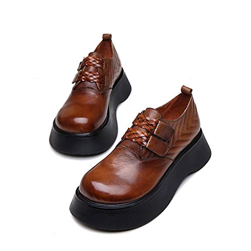 N / A Zapatos Japoneses De Botines De Cuero De Suela Gruesa,Botas Martin De Tacón Bajo De Cuña,Cordones Ajustables,Cinturón Antideslizante Zapatos De Velcro,Coffee Color,38