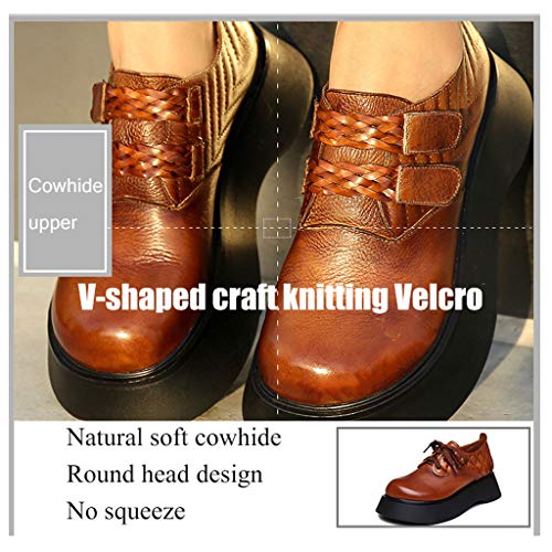 N / A Zapatos Japoneses De Botines De Cuero De Suela Gruesa,Botas Martin De Tacón Bajo De Cuña,Cordones Ajustables,Cinturón Antideslizante Zapatos De Velcro,Coffee Color,38