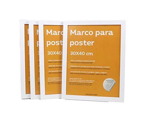 Nacnic Set de 4 Marcos Blancos para Fotos, Posters, láminas, Diplomas. Tamaño(30x40 cm). Robustos de MDF y Frontal de plexiglas. Marcos Blancos para Colgar