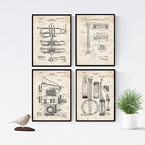 Nacnic Vintage - Pack de 4 Láminas con Patentes de Música. Set de Posters con inventos y Patentes Antiguas. Elije el Color Que Más te guste. Impreso en Papel de 250 Gramos