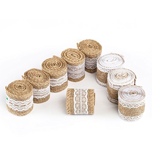 Naler 9 rollos de cinta de encaje de lazo, rollo de cinta de arpillera natural con encaje DIY hecho a mano para bodas y fiestas