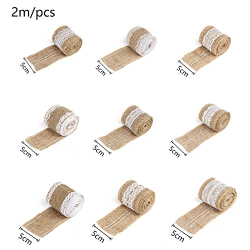 Naler 9 rollos de cinta de encaje de lazo, rollo de cinta de arpillera natural con encaje DIY hecho a mano para bodas y fiestas