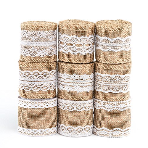 Naler 9 rollos de cinta de encaje de lazo, rollo de cinta de arpillera natural con encaje DIY hecho a mano para bodas y fiestas