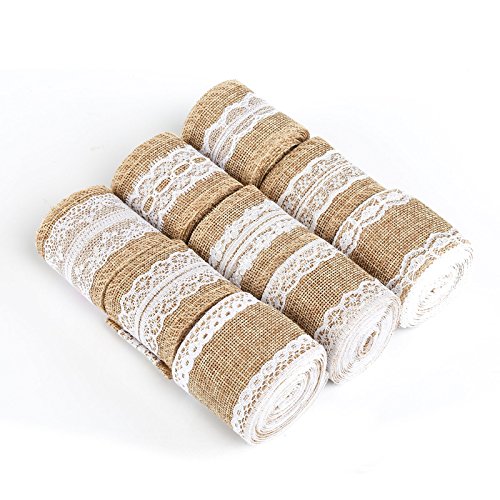 Naler 9 rollos de cinta de encaje de lazo, rollo de cinta de arpillera natural con encaje DIY hecho a mano para bodas y fiestas