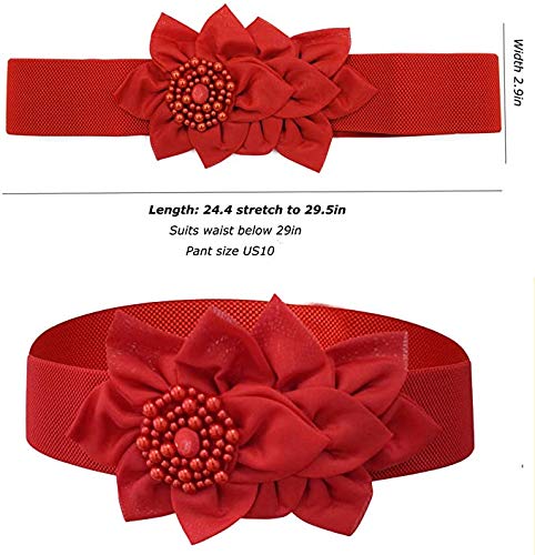 Nanxson Damas Retro Elástico Ancho Perla Flores Obi Cinturón PDW0050 (L, Rojo)