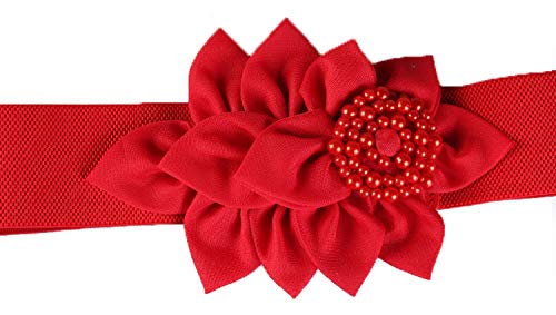 Nanxson Damas Retro Elástico Ancho Perla Flores Obi Cinturón PDW0050 (L, Rojo)