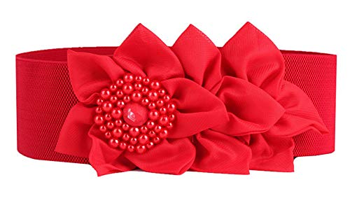 Nanxson Damas Retro Elástico Ancho Perla Flores Obi Cinturón PDW0050 (L, Rojo)