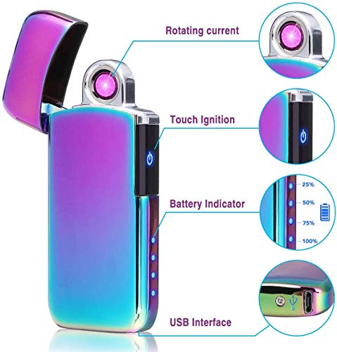 NASUM Encendedor Eléctrico, Encendedor a Prueba de Viento para Carga USB, Pantalla de Batería, Chip Inteligente, para Cigarrillos, Barbacoa, Chimenea, Camping, Hielo Colorido