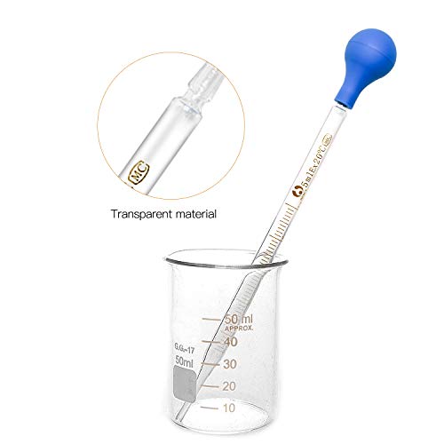 NATEE 6PCS Pipetas Cuentagotas, Laboratorio Cuentagotas de Vidrio Pipeta con Capucha de Goma Roja/Azul Pipeta de Cristal para Goma Pipeta Reutilizable (3 ml, 5 ml, 10 ml) Contiene un Cepillo