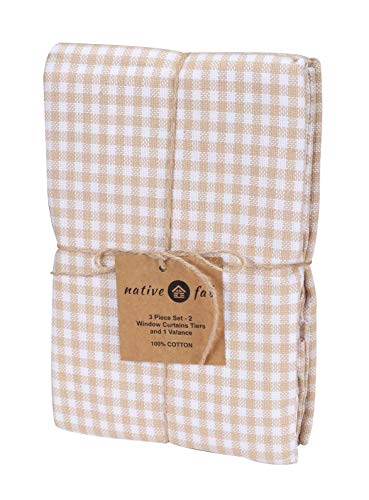 Native Fab Juego de 3 Cortina Corta de Cocina Ventana algodón Lavable, 2 Cortinas de Nivel y 1 Cortina de Cenefa, Media Ventana Cortinas para Fregadero Cocina balcón Dormitorio Café- Beige