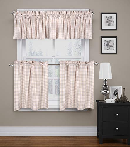 Native Fab Juego de 3 Cortina Corta de Cocina Ventana algodón Lavable, 2 Cortinas de Nivel y 1 Cortina de Cenefa, Media Ventana Cortinas para Fregadero Cocina balcón Dormitorio Café- Beige