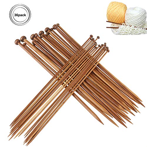 Natuce 36Pcs 18 tamaños Agujas de tejer de bambú (2.0mm a 10.0mm), Agujas de Madera, Agujas de Punto, para Suéter, Proyecto de Encajes y Flores- Mejor Set Principiantes y Profesionales