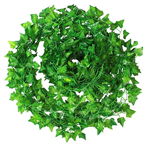Natuce Hiedra Artificial 12 Piezas 24M Plantas Artificiales Decoracion Hiedra Guirnalda Colgantes de Plastico y Tela para Boda Fiesta Jardín Exterior Decoración de la Pared Verde