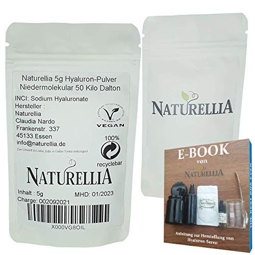 Naturellia Acido Hialuronico Polvo 5 Gramos 50 k-Dalton Altamente Concentrado - Bajo Peso Molecular Para el Efecto de Superficie - Solo Mezclar una Crema Antienvejecimiento en el Hogar