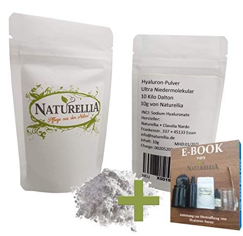 Naturellia Acido Hialuronico Polvo ULTRA 10 Gramos 10k Dalton Altamente Concentrado - Ultra Bajo Peso Molecular Para el Efecto de Profundidad - Solo Mezclar una Crema Antienvejecimiento en el Hogar