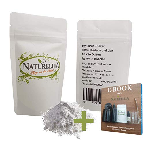 Naturellia Acido Hialuronico Polvo ULTRA 5Gramos 10k Dalton Altamente Concentrado - Ultra Bajo Peso Molecular Para el Efecto de Profundidad - Solo Mezclar una Crema Antienvejecimiento en el Hogar DIY
