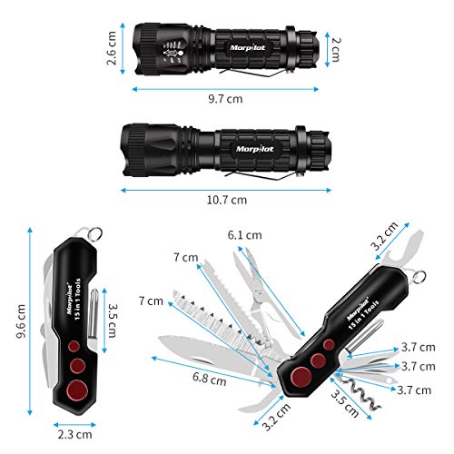 Navaja Suiza y Linterna Set, Morpilot, Navaja Multifuncional Cuchillo Multiuso 15 EN 1, Linterna LED con 5 Modos 400LM, Impermeable IPX4, Navaja Plegable y Linterna Set Para Acampada y Marcha.