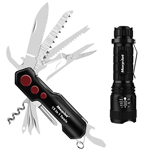 Navaja Suiza y Linterna Set, Morpilot, Navaja Multifuncional Cuchillo Multiuso 15 EN 1, Linterna LED con 5 Modos 400LM, Impermeable IPX4, Navaja Plegable y Linterna Set Para Acampada y Marcha.
