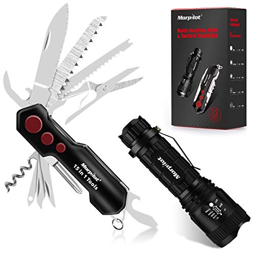 Navaja Suiza y Linterna Set, Morpilot, Navaja Multifuncional Cuchillo Multiuso 15 EN 1, Linterna LED con 5 Modos 400LM, Impermeable IPX4, Navaja Plegable y Linterna Set Para Acampada y Marcha.