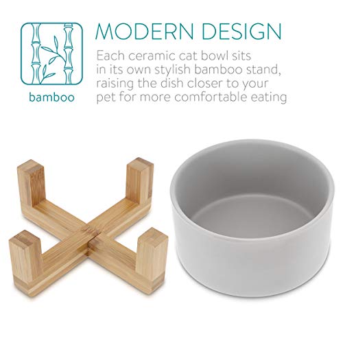 Navaris 2 Cuencos elevados para Mascotas - Comedero y Bebedero de cerámica para Perros y Gatos - 2 Recipientes con Soportes de bambú Antideslizante