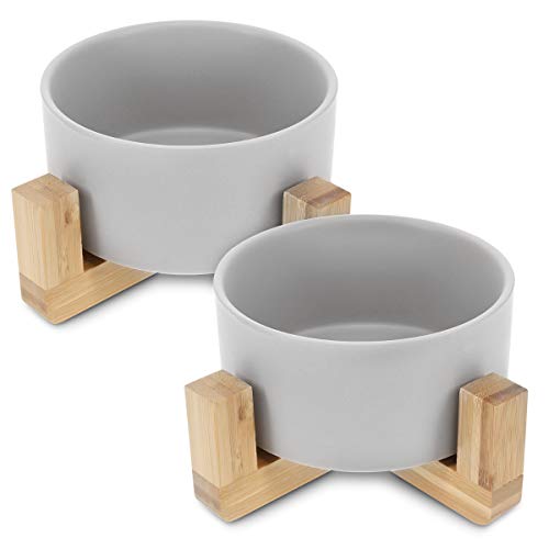 Navaris 2 Cuencos elevados para Mascotas - Comedero y Bebedero de cerámica para Perros y Gatos - 2 Recipientes con Soportes de bambú Antideslizante