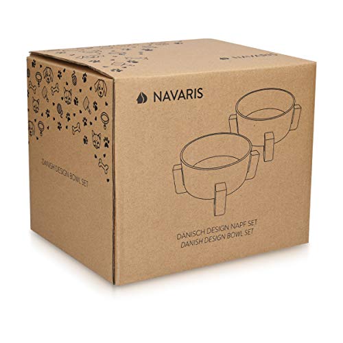 Navaris 2 Cuencos elevados para Mascotas - Comedero y Bebedero de cerámica para Perros y Gatos - 2 Recipientes con Soportes de bambú Antideslizante