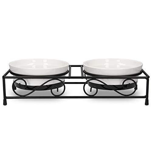 Navaris 2X Cuenco Elevado para Mascotas - Comedero y Bebedero Doble de cerámica para Perros Gatos Cachorro - Cuencos elevados con Soporte de Metal