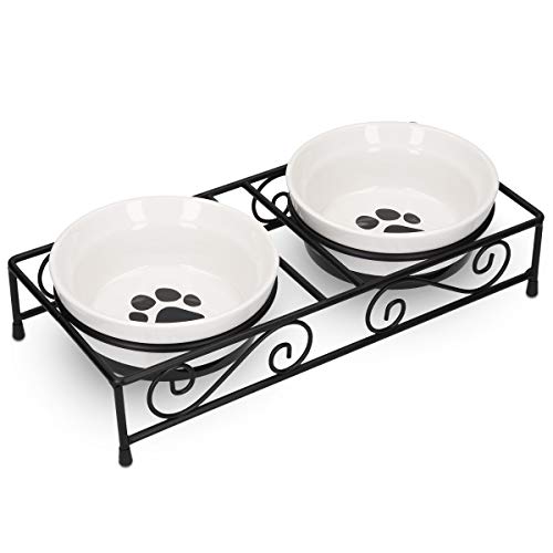 Navaris 2X Cuenco Elevado para Mascotas - Comedero y Bebedero Doble de cerámica para Perros Gatos Cachorro - Cuencos elevados con Soporte de Metal