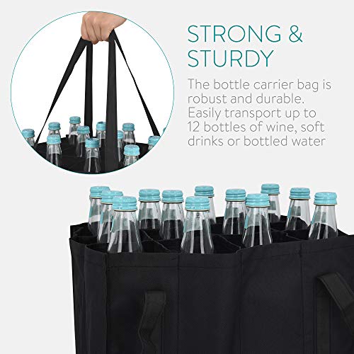 Navaris Bolsa portabotellas con 12 Compartimentos - Porta Botellas Plegable con 2X asa - Bolso botellero para Transporte de Vino Cerveza Agua - Negro