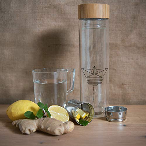 Navaris Botella de Agua de Cristal - Termo para té de 500 ML de Vidrio de borosilicato - Tetera con Filtro para té de Acero Tapa y Funda de Neopreno