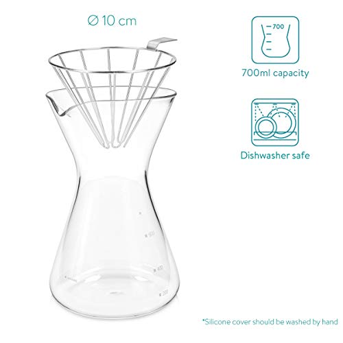 Navaris Cafetera Manual de Filtro - Cafetera de Goteo con Jarra de Vidrio de borosilicato Filtro de Malla de Acero INOX. Funda de Silicona - 700ML