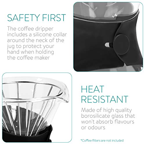 Navaris Cafetera Manual de Filtro - Cafetera de Goteo con Jarra de Vidrio de borosilicato Filtro de Malla de Acero INOX. Funda de Silicona - 700ML