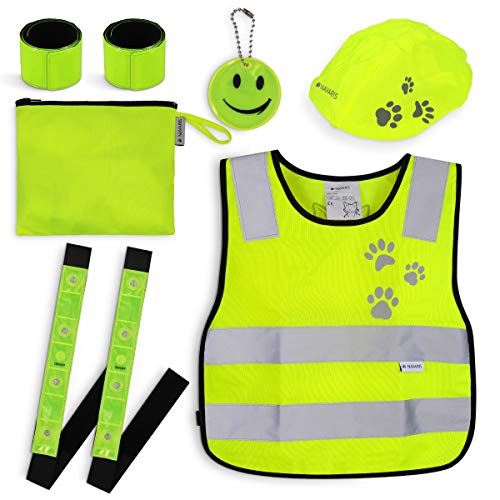 Navaris Chaleco de seguridad para niños - Set regulable de 7 accesorios reflectores incl. 1x funda para casco 2x banda LED y 2x correa para la mano