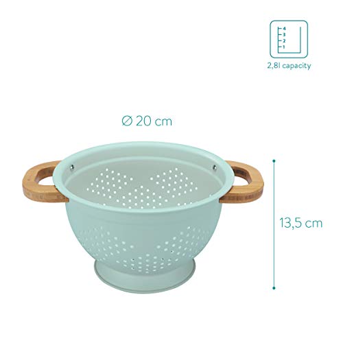Navaris Colador de Cocina de Hierro con Mango de bambú - Escurridor metálico para Pasta arroz Verduras Quinoa - Cuenco escurridor en Verde Menta