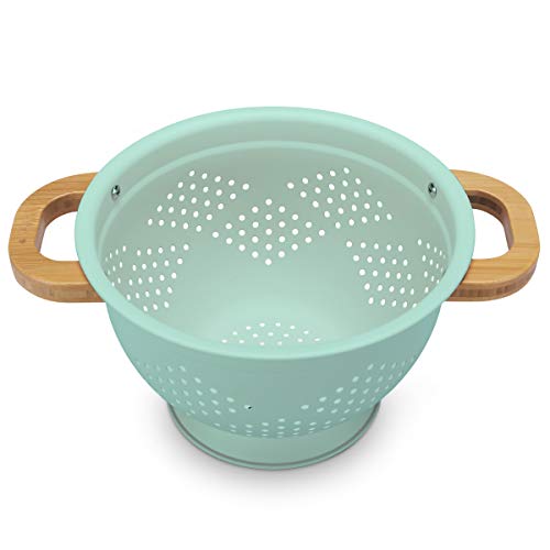 Navaris Colador de Cocina de Hierro con Mango de bambú - Escurridor metálico para Pasta arroz Verduras Quinoa - Cuenco escurridor en Verde Menta