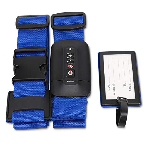 Navaris Correa para Maleta con candado TSA - Cinturón Cruzado para Equipaje con Bloqueo de Seguridad - Cinta Ajustable con Clave Personalizada - Azul