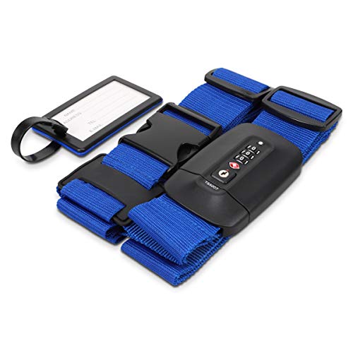 Navaris Correa para Maleta con candado TSA - Cinturón Cruzado para Equipaje con Bloqueo de Seguridad - Cinta Ajustable con Clave Personalizada - Azul