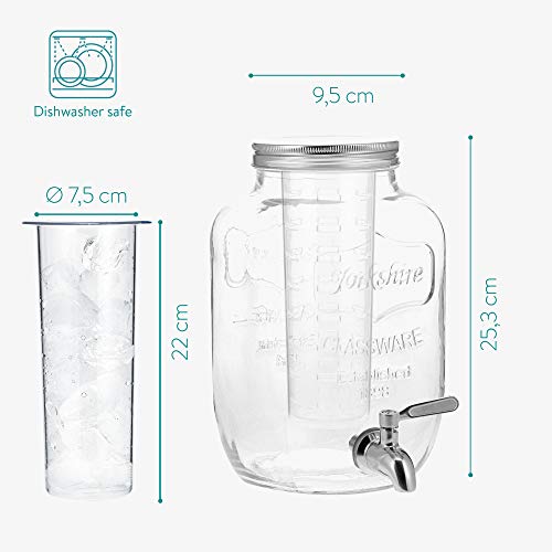 Navaris Dispensador de Bebidas con Grifo - Recipiente de Cristal de 3.8 L - Bidón de Vidrio con dosificador de Metal - Garrafa de Agua con 2X Filtro