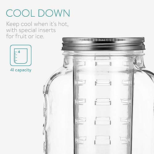 Navaris Dispensador de Bebidas con Grifo - Recipiente de Cristal de 3.8 L - Bidón de Vidrio con dosificador de Metal - Garrafa de Agua con 2X Filtro