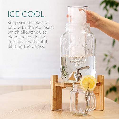 Navaris Dispensador de Bebidas con Grifo - Recipiente de Cristal de 3.8 L - Bidón de Vidrio con dosificador de Metal - Garrafa de Agua con 2X Filtro