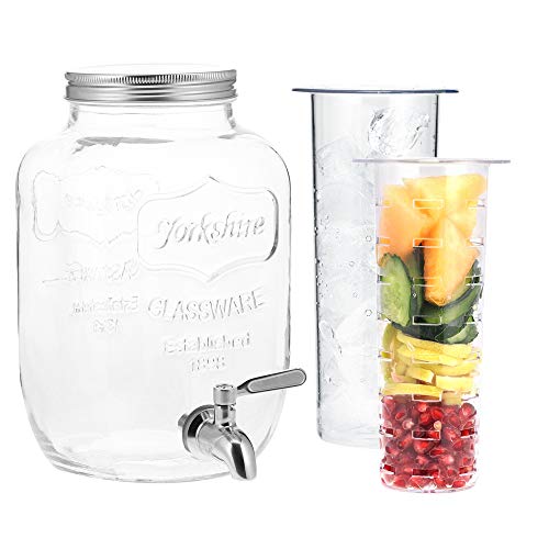 Navaris Dispensador de Bebidas con Grifo - Recipiente de Cristal de 3.8 L - Bidón de Vidrio con dosificador de Metal - Garrafa de Agua con 2X Filtro