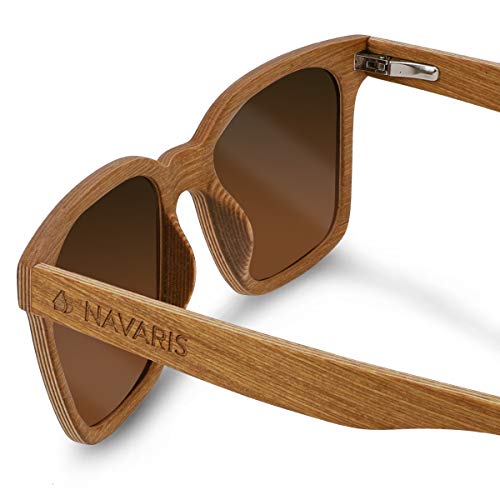 Navaris Gafas de sol de madera con filtro UV - Marco de madera multicapa - Lentes polarizadas grises - Estuche de corcho - Gafas de sol retro unisex